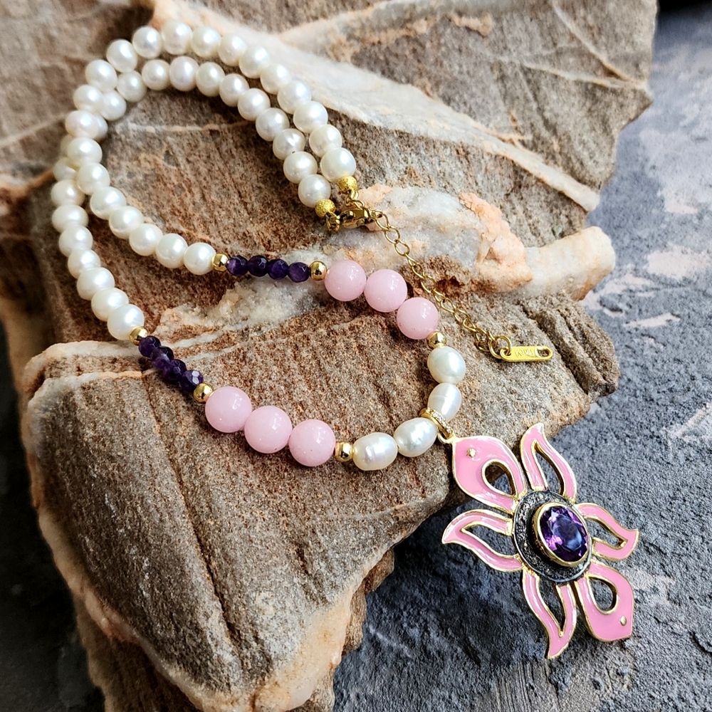 Solid Sterling 925 Silver 14K Gold Natural Amethyst Pearls Necklace Rose Quartz